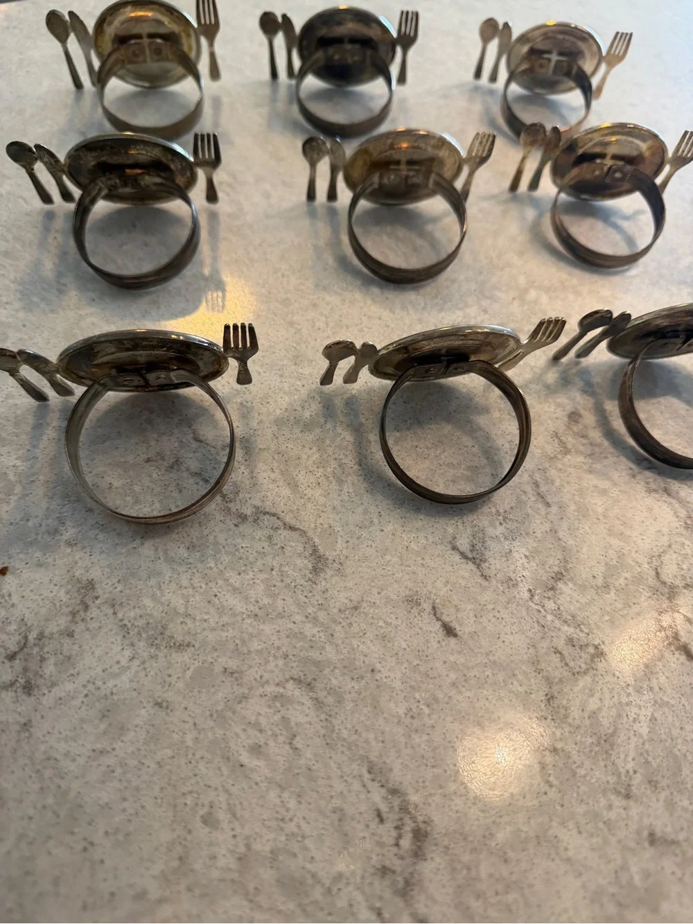 Vintage Silver Plated Figural Napkin Rings Set of 9 Miniature Place Setting